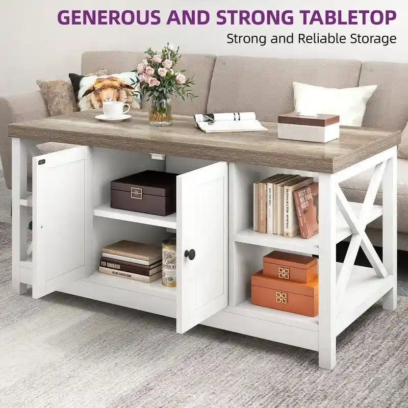 Table basse d'appoint en bois style rustique avec grande étagère de rangement