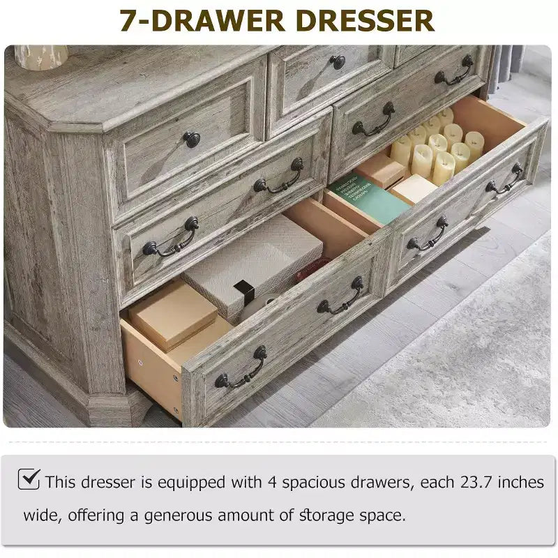 Commode à 7 tiroirs de 54 po pour chambre à coucher, coffre de rangement rustique vintage pour salon et couloir