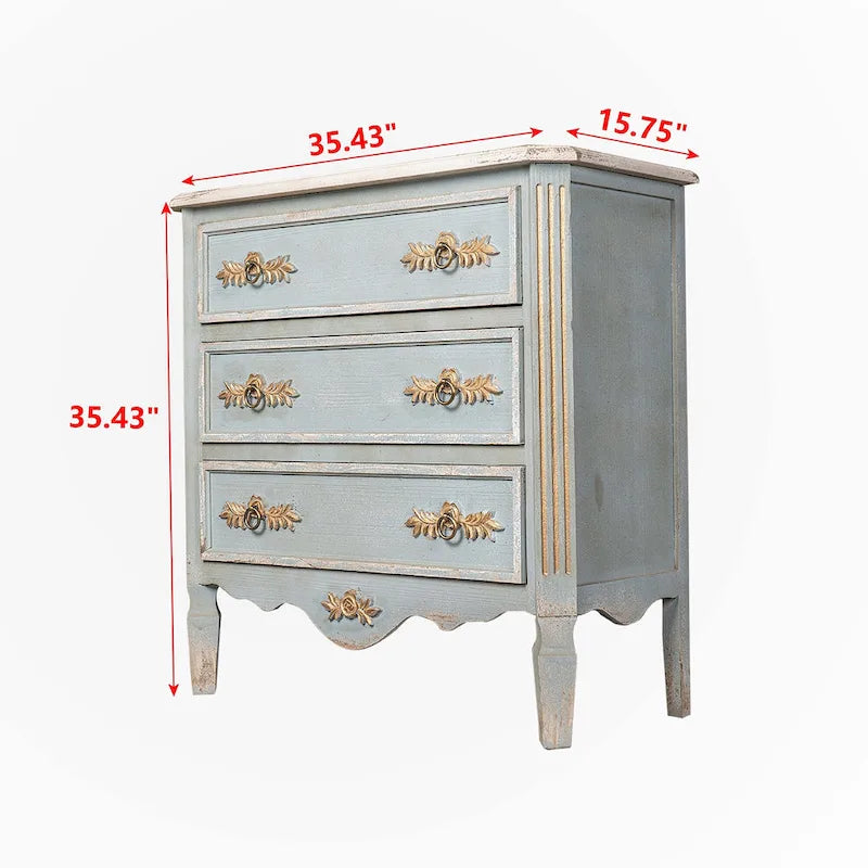 Meuble haut à 2 tiroirs en bois, couleur crème et bleu clair vieilli, avec des touches dorées