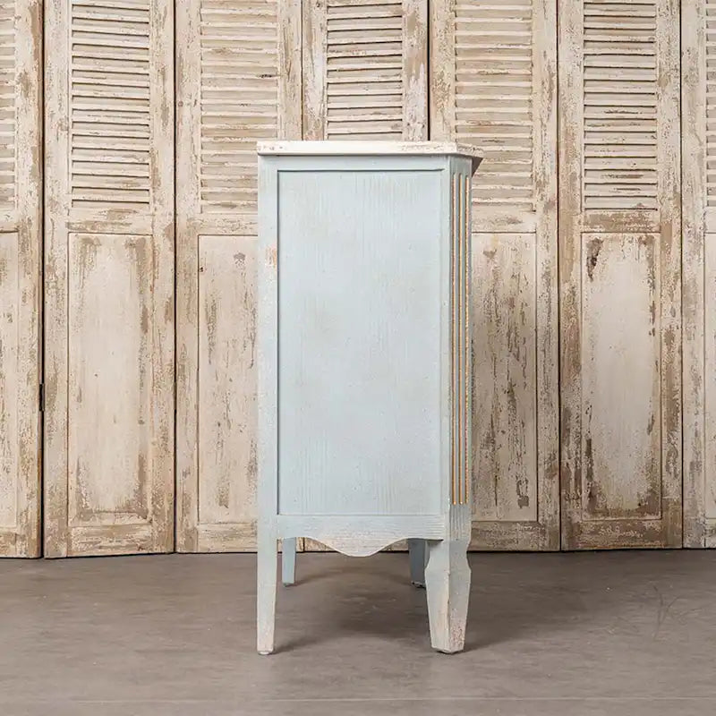 Meuble haut à 2 tiroirs en bois, couleur crème et bleu clair vieilli, avec des touches dorées