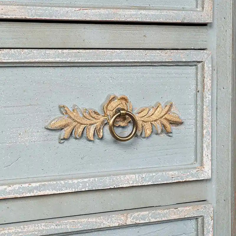 Meuble haut à 2 tiroirs en bois, couleur crème et bleu clair vieilli, avec des touches dorées