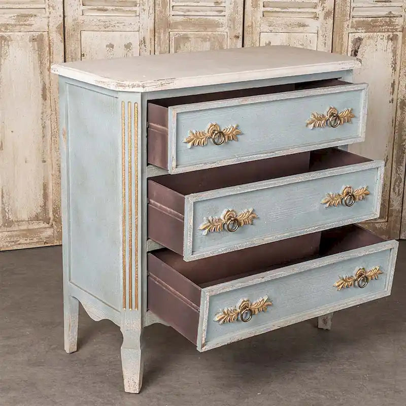 Meuble haut à 2 tiroirs en bois, couleur crème et bleu clair vieilli, avec des touches dorées