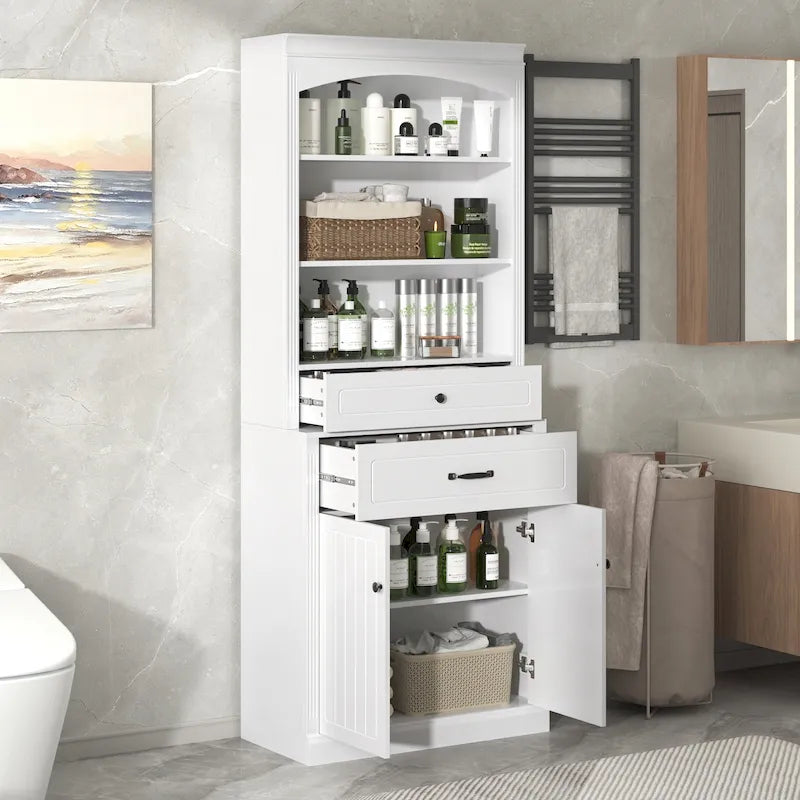 Meuble de rangement de salle de bain blanc avec portes, tiroirs, étagères réglables et étagères ouvertes