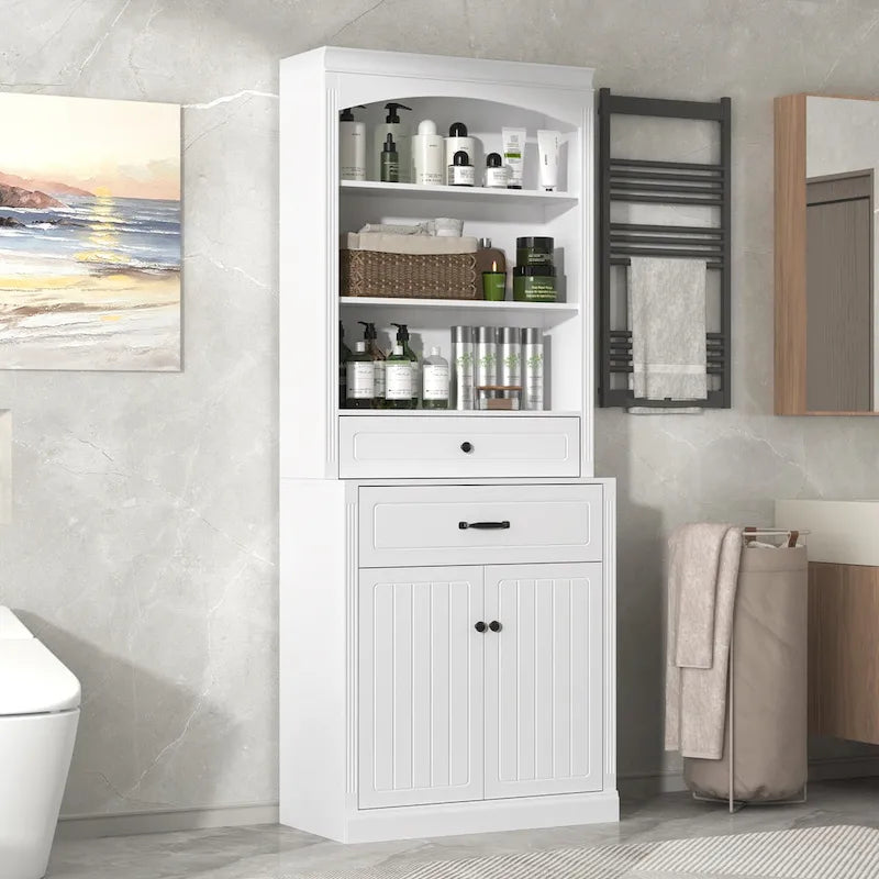 Meuble de rangement de salle de bain blanc avec portes, tiroirs, étagères réglables et étagères ouvertes