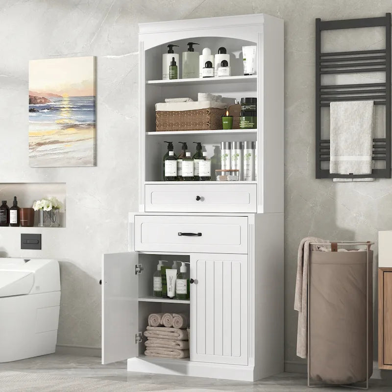 Meuble de rangement de salle de bain blanc avec portes, tiroirs, étagères réglables et étagères ouvertes
