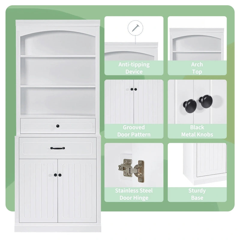 Meuble de rangement de salle de bain blanc avec portes, tiroirs, étagères réglables et étagères ouvertes