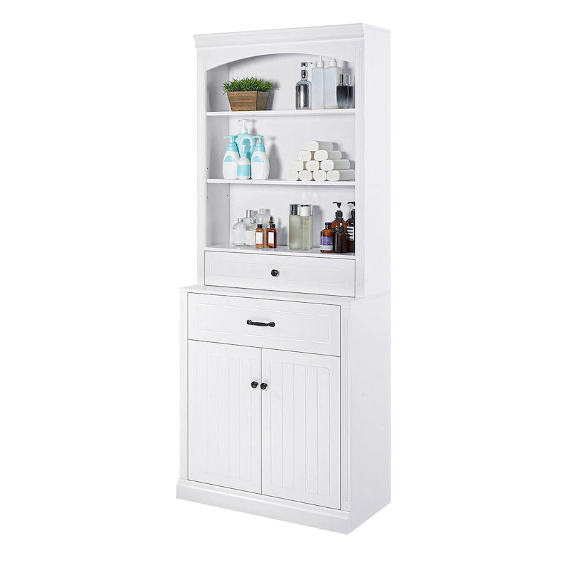 Meuble de rangement de salle de bain blanc avec portes, tiroirs, étagères réglables et étagères ouvertes