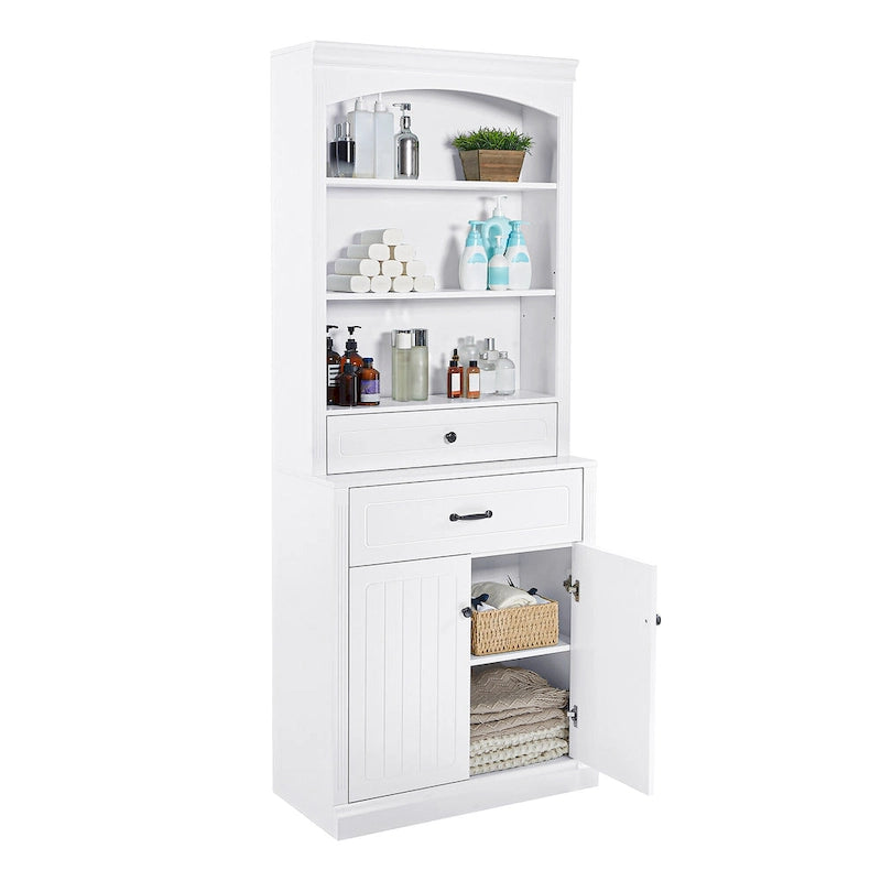 Meuble de rangement de salle de bain blanc avec portes, tiroirs, étagères réglables et étagères ouvertes
