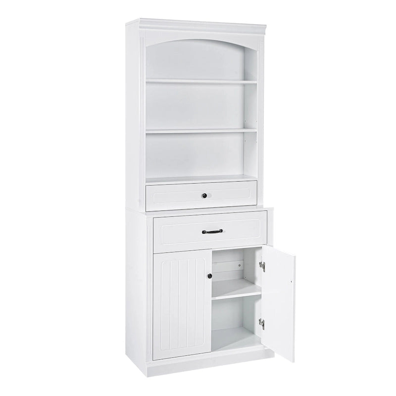 Meuble de rangement de salle de bain blanc avec portes, tiroirs, étagères réglables et étagères ouvertes