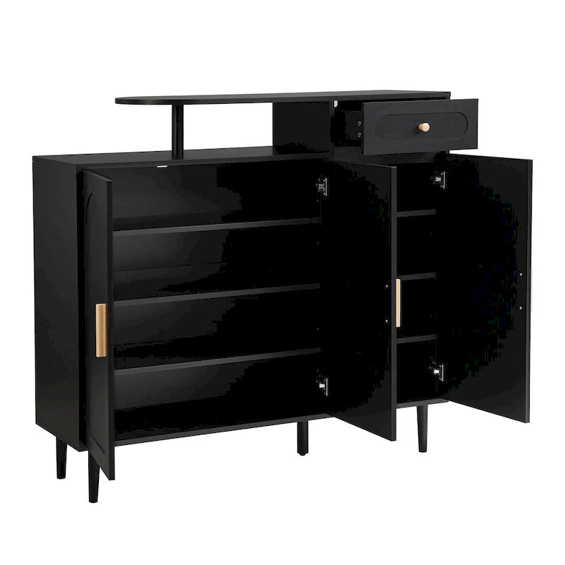 Meuble à chaussures élégant avec portes cintrées et tiroir, buffet de rangement de style crème avec étagères réglables et pieds en bois massif