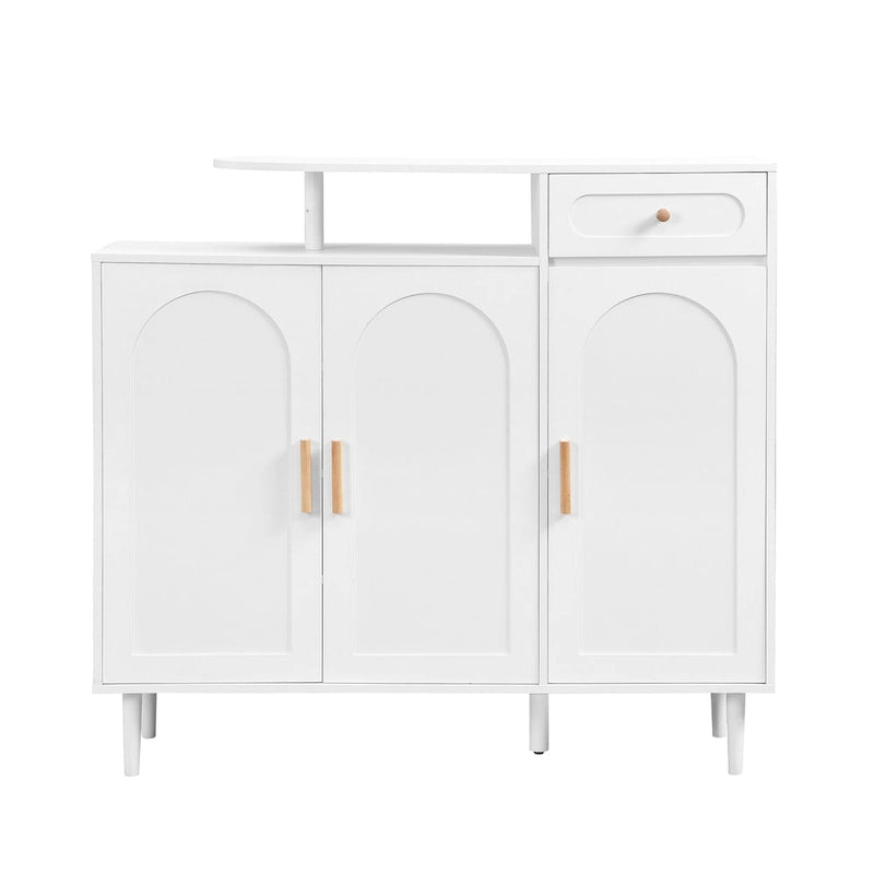Meuble à chaussures élégant avec portes cintrées et tiroir, buffet de rangement de style crème avec étagères réglables et pieds en bois massif