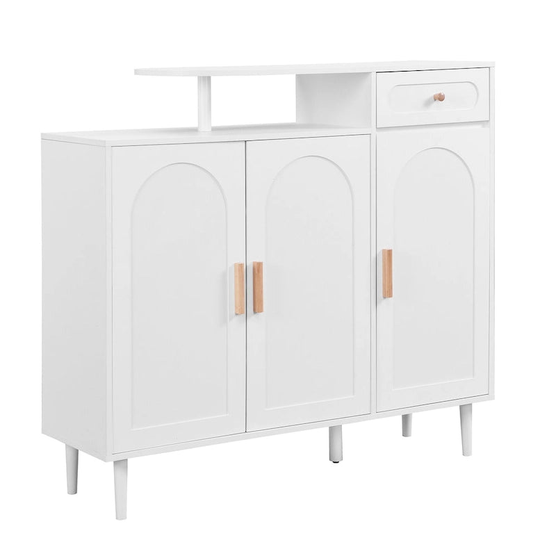 Meuble à chaussures élégant avec portes cintrées et tiroir, buffet de rangement de style crème avec étagères réglables et pieds en bois massif