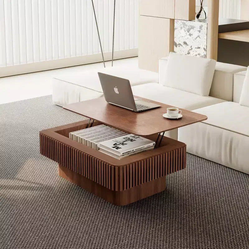Table basse relevable cannelée JVNOXK 38,6 po avec rangement, table d'appoint moderne à hauteur réglable en placage de bois massif pour salon, chambre à coucher, noyer