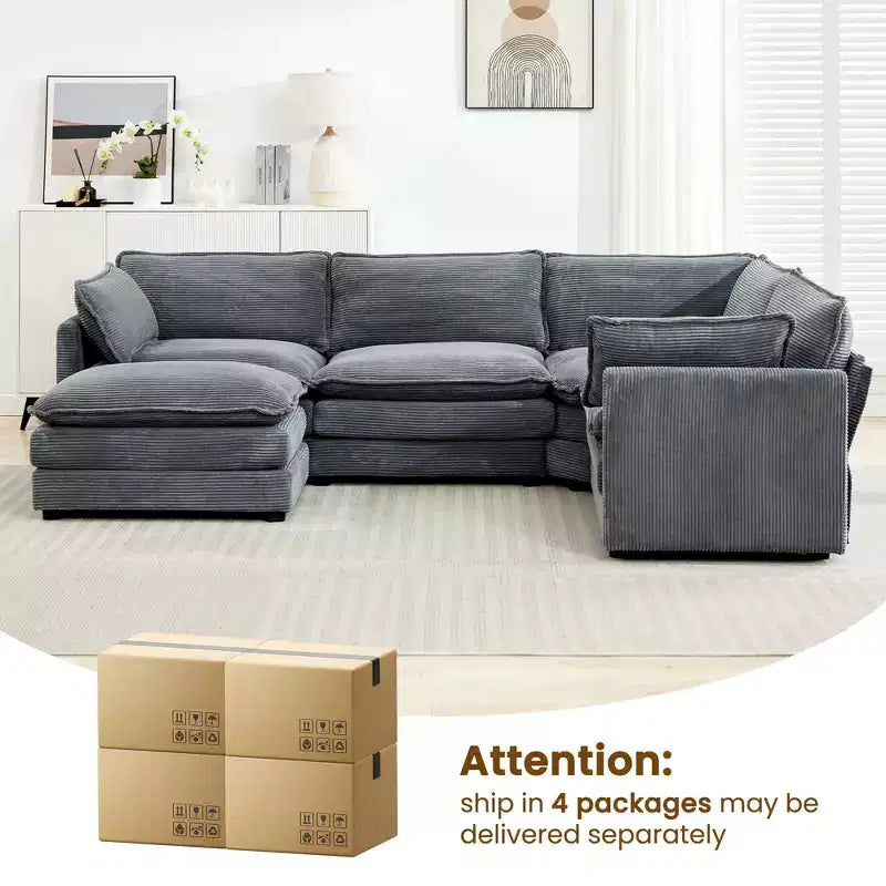 Canapé sectionnel modulaire moderne 5 places en velours côtelé, surdimensionné, 288 cm (L) x 201 cm (l), avec pouf, canapé en forme de U avec canapé d'angle, HYLEORY