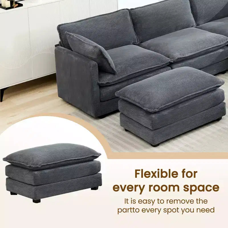 Canapé sectionnel modulaire moderne 5 places en velours côtelé, surdimensionné, 288 cm (L) x 201 cm (l), avec pouf, canapé en forme de U avec canapé d'angle, HYLEORY