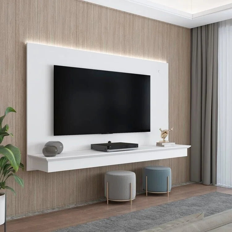 Meuble TV suspendu pour téléviseurs jusqu'à 55 pouces, panneau mural TV avec bande LED et étagère, meuble TV flottant