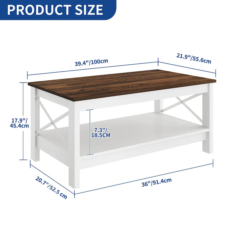 Table basse d'appoint en bois style rustique avec grande étagère de rangement