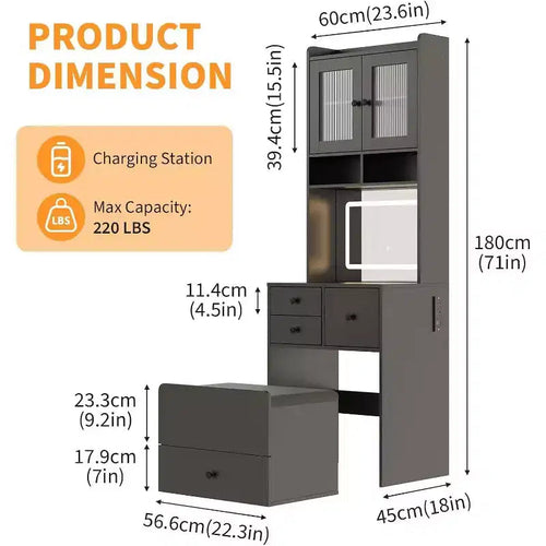 Coiffeuse 3-en-1 avec miroir lumineux, table de toilette compacte avec tiroirs, compartiment de rangement et tabouret roulant pour chambre à coucher
