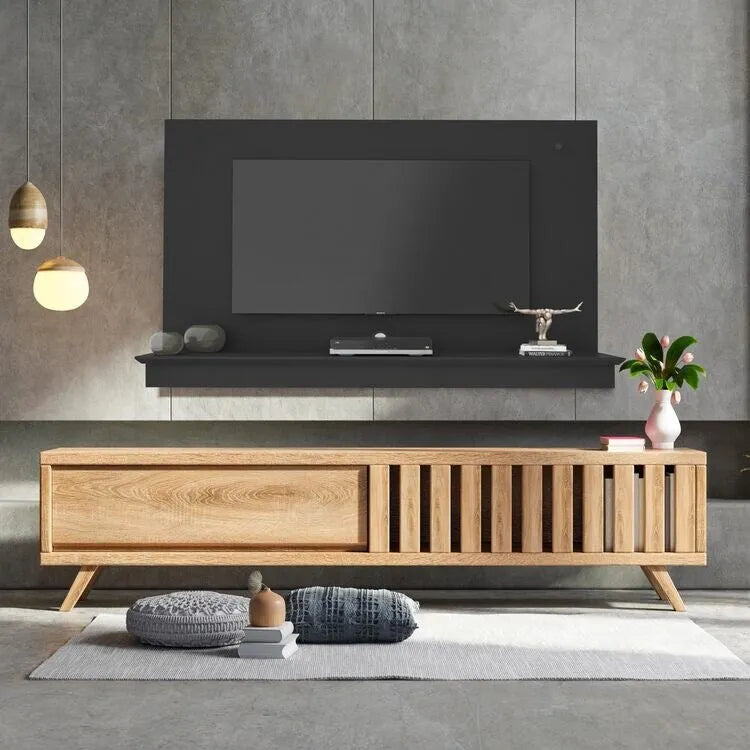 Meuble TV suspendu pour téléviseurs jusqu'à 55 pouces, panneau mural TV avec bande LED et étagère, meuble TV flottant