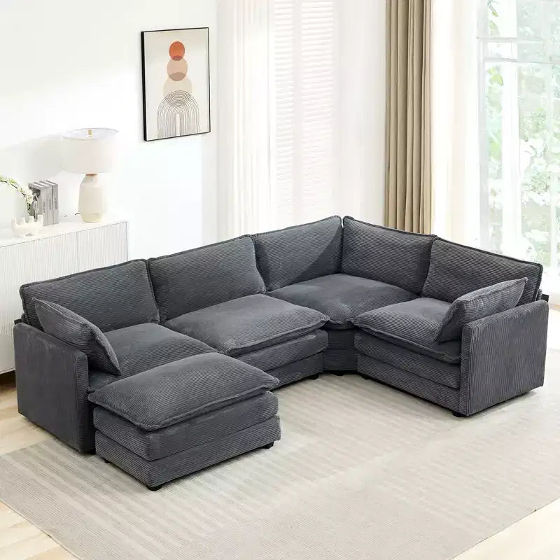 Canapé sectionnel modulaire moderne 5 places en velours côtelé, surdimensionné, 288 cm (L) x 201 cm (l), avec pouf, canapé en forme de U avec canapé d'angle, HYLEORY