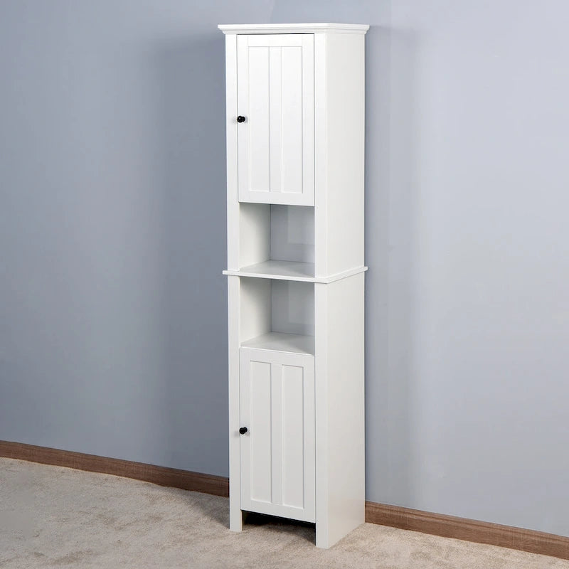Meuble de rangement haut de salle de bain avec 2 portes et 6 étagères, meuble colonne étroit en bois sur pied