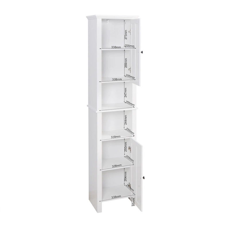 Meuble de rangement haut de salle de bain avec 2 portes et 6 étagères, meuble colonne étroit en bois sur pied
