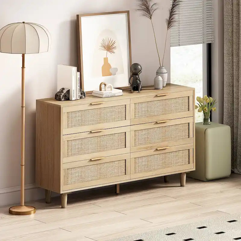 Commode 6 tiroirs en rotin pour chambre et salon