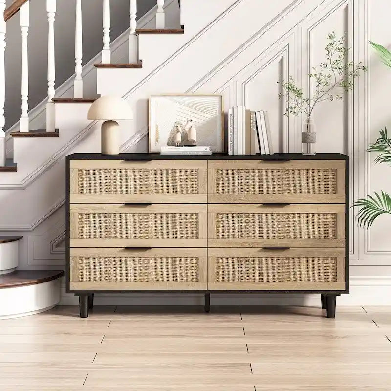 Commode 6 tiroirs en rotin pour chambre et salon