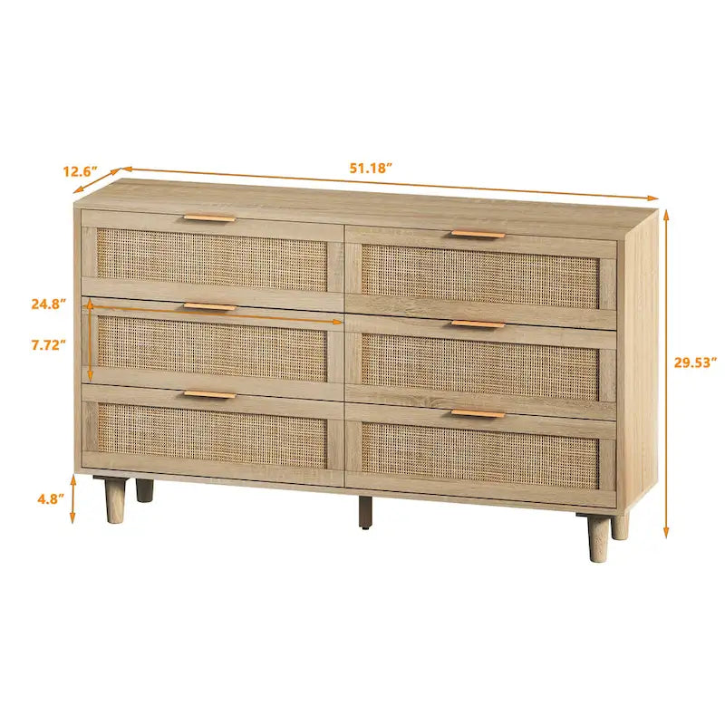 Commode 6 tiroirs en rotin pour chambre et salon