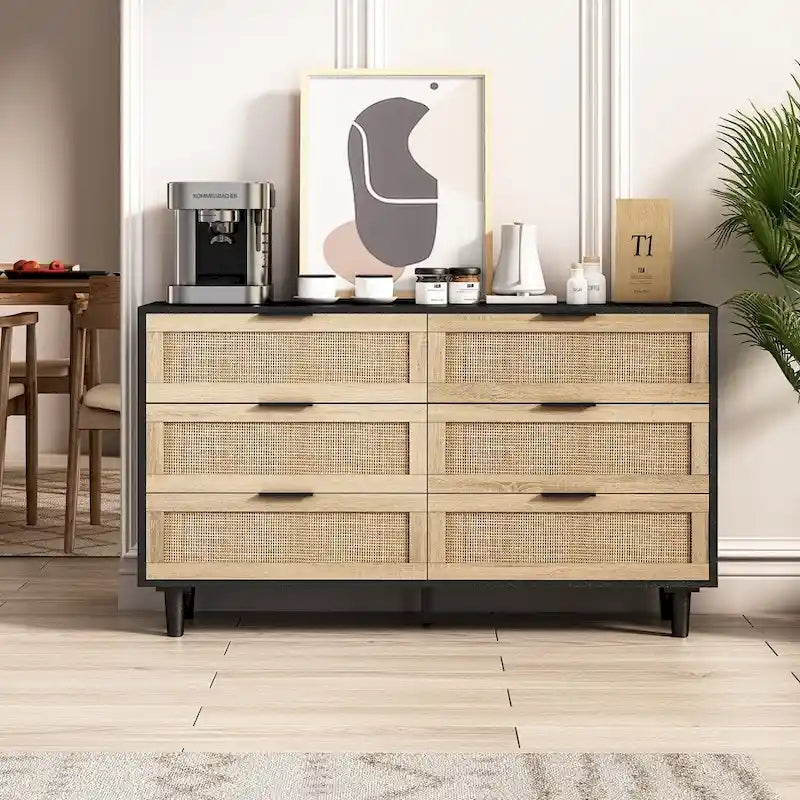Commode 6 tiroirs en rotin pour chambre et salon