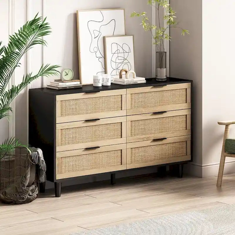 Commode 6 tiroirs en rotin pour chambre et salon