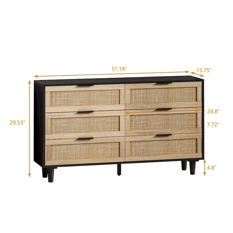 Commode 6 tiroirs en rotin pour chambre et salon