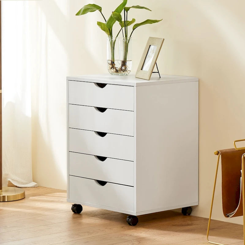 Meuble de Rangement à Roulettes 5 Tiroirs en Bois pour Bureau