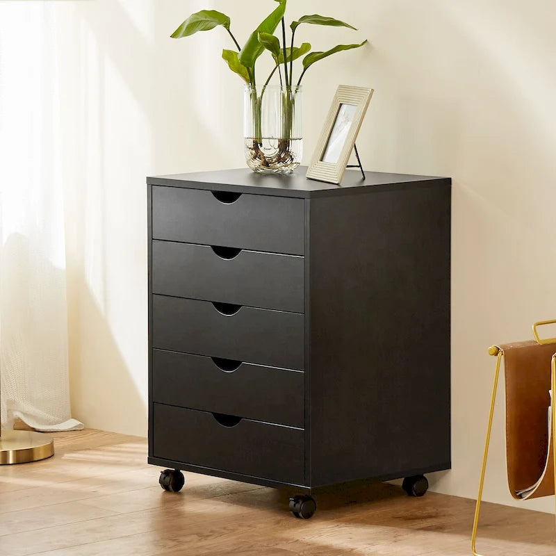 Meuble de Rangement à Roulettes 5 Tiroirs en Bois pour Bureau