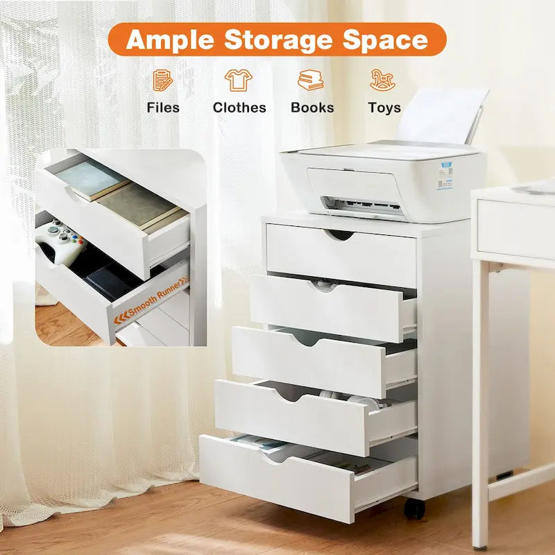 Meuble de Rangement à Roulettes 5 Tiroirs en Bois pour Bureau