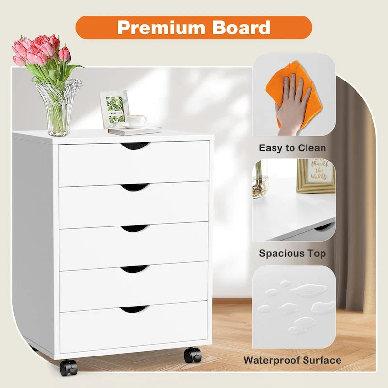 Meuble de Rangement à Roulettes 5 Tiroirs en Bois pour Bureau