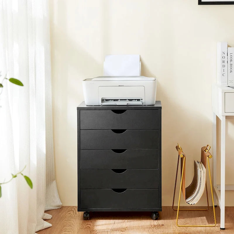 Meuble de Rangement à Roulettes 5 Tiroirs en Bois pour Bureau