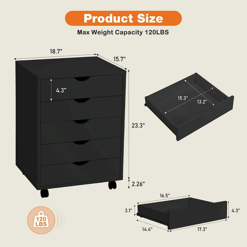 Meuble de Rangement à Roulettes 5 Tiroirs en Bois pour Bureau