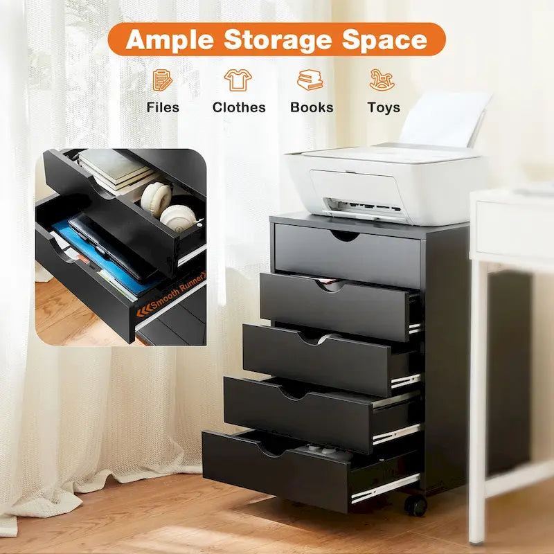 Meuble de Rangement à Roulettes 5 Tiroirs en Bois pour Bureau