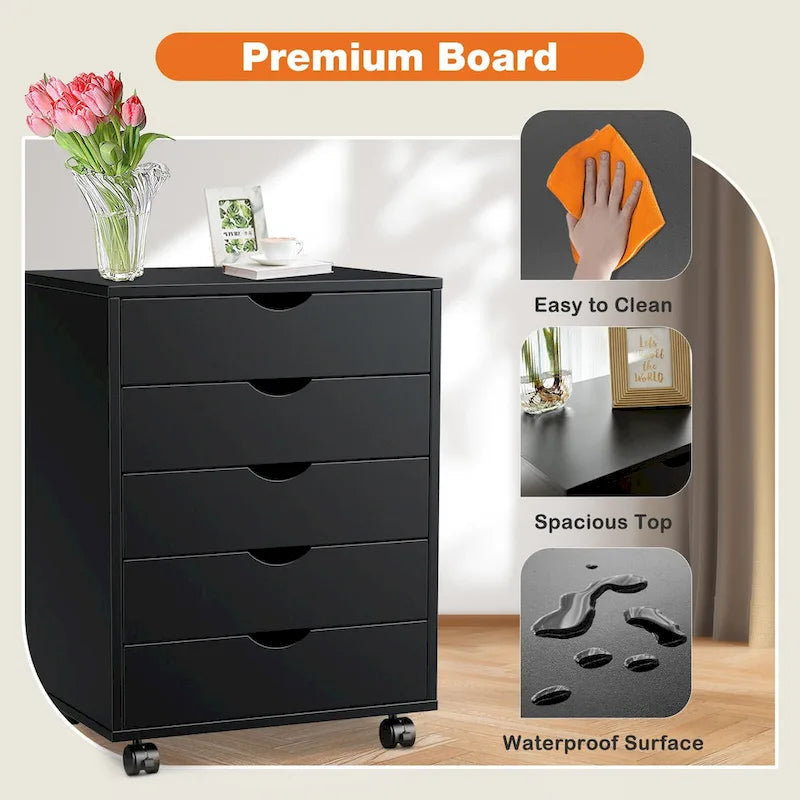 Meuble de Rangement à Roulettes 5 Tiroirs en Bois pour Bureau