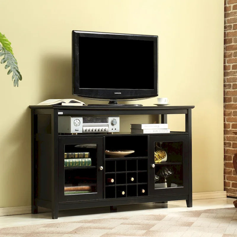 Buffet en bois noir avec casier à vin et portes vitrées