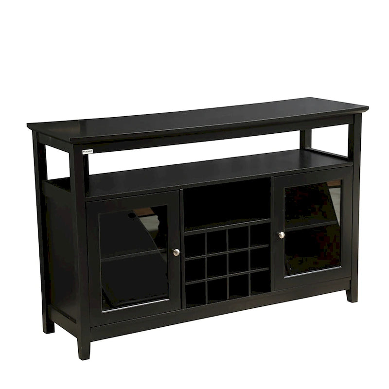 Buffet en bois noir avec casier à vin et portes vitrées