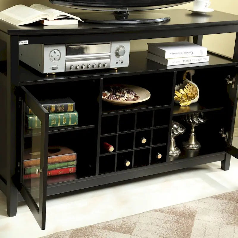 Buffet en bois noir avec casier à vin et portes vitrées