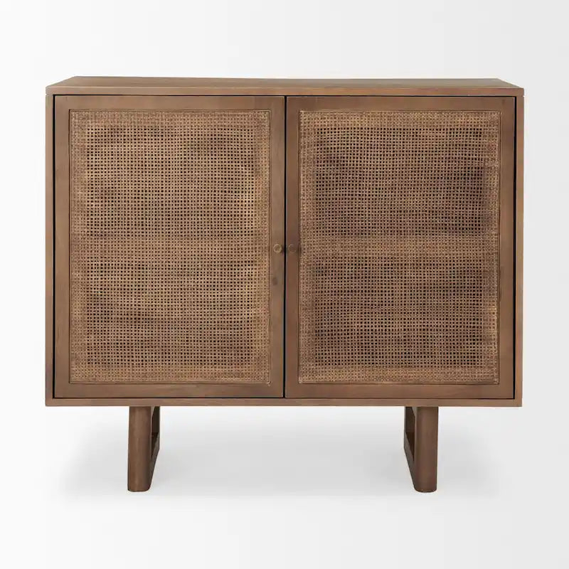 Meuble d'appoint en bois massif brun moyen avec portes en rotin