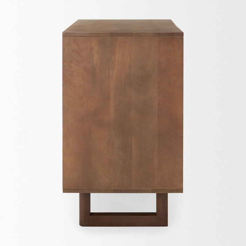 Meuble d'appoint en bois massif brun moyen avec portes en rotin