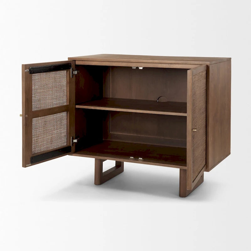 Meuble d'appoint en bois massif brun moyen avec portes en rotin