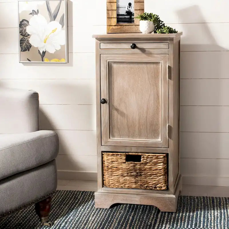 Meuble de rangement haut avec panier tressé et tablette coulissante