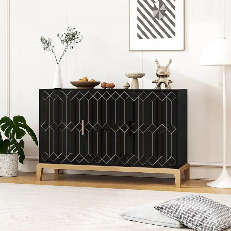 Buffet de rangement à 3 portes avec étagère réglable Noir doré antique