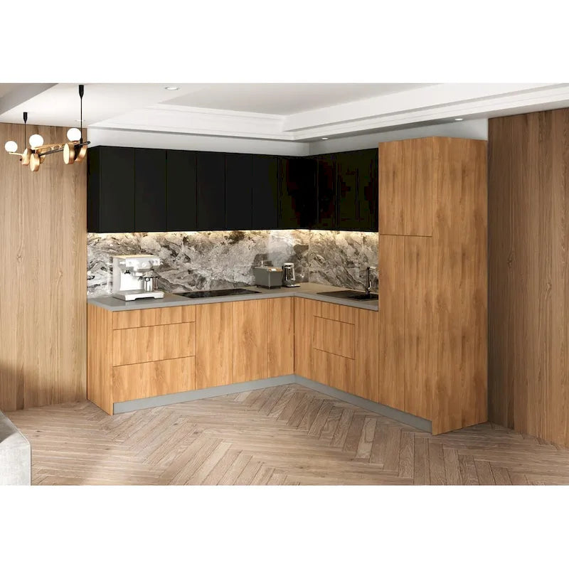 Ensemble de Meubles de Cuisine Modernes, Couleur Teck Naturel avec Base Noire 2,4 x 2,4 m