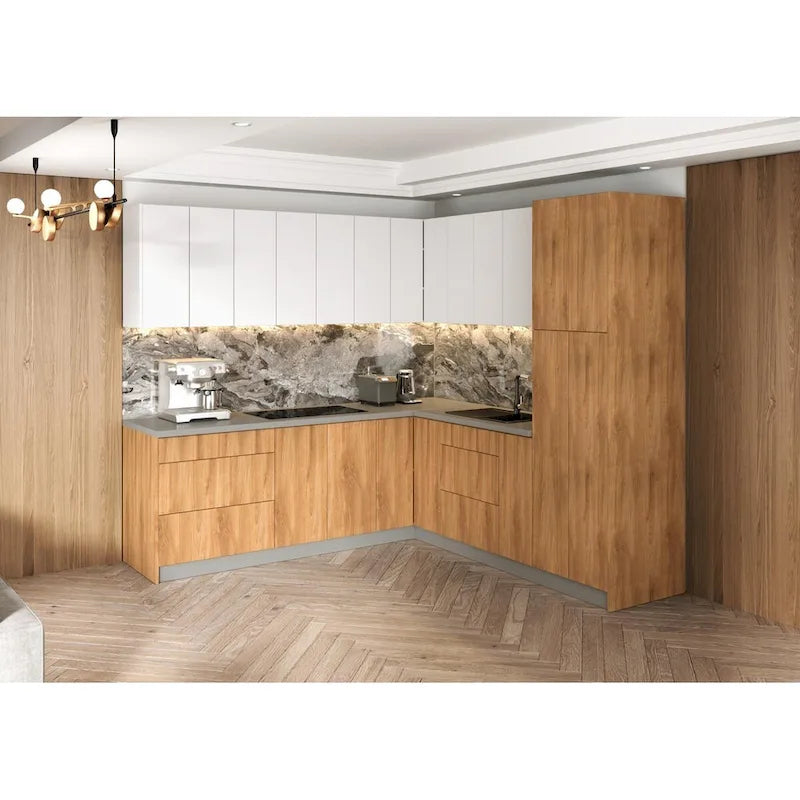 Ensemble de Meubles de Cuisine Modernes, Couleur Teck Naturel avec Base Noire 2,4 x 2,4 m